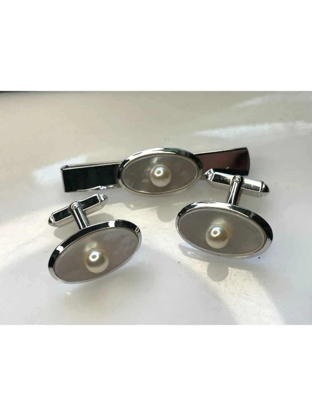 Vintage Japanese Silver Pearl Cufflinks Tie Clip Set Mother of Pearl Akoya Mid C